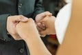Young married couple holding hands, ceremony wedding day. Royalty Free Stock Photo