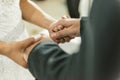 Young married couple holding hands, ceremony wedding day Royalty Free Stock Photo