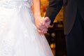 Young married couple holding hands, ceremony wedding day Royalty Free Stock Photo