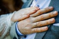 Young married couple holding hands, wedding ceremony. Newlyweds hands with wedding rings. Royalty Free Stock Photo