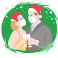 Young married couple with medical masks wearing Santa hats with champagne in their hands wish each other a Merry Christmas New