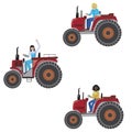 A farm tractor and European white, asian and black african woman driving it, a vector stock vintage illustration with girls drive