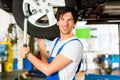 Young mechanic in blue overall working on car