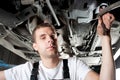 Young Mechanic working below car in garage