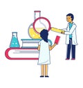 Young medical doctor analysis, male female character scientific investigator line flat vector illustration, isolated on