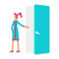 Young medical doctor points to open doors semi flat color vector character