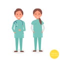 Young medical team. Smiling young woman and man doctor. Flat characters