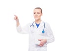 Young medical worker clicking on an imaginary display.