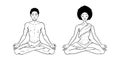 Young meditating man and woman in lotus pose isolated on white background. Black African American yogis. Vector illustration Royalty Free Stock Photo