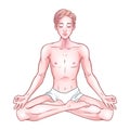 Young meditating yogi man in lotus pose isolated on white background. Vector illustration