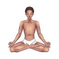 Young meditating yogi man in lotus pose isolated on white. Beautiful black African American boy. Vector illustration