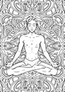 Young meditating yogi man in lotus pose on mandala background. Adult coloring book page. Vector illustration