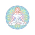 Young meditating yogi woman in lotus pose isolated on colorful mandala background. Vector illustration