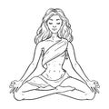Young meditating yogi woman in lotus pose isolated on white background. Vector illustration