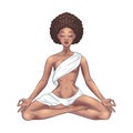 Young meditating yogi woman in lotus pose isolated on white. Beautiful black African American girl. Vector illustration