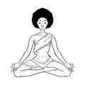 Young meditating yogi woman in lotus pose isolated on white. Beautiful black African American girl. Vector illustration Royalty Free Stock Photo