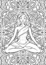 Young meditating yogi woman in lotus pose on mandala background. Adult coloring book page. Vector illustration