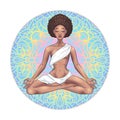 Young meditating yogi woman in lotus pose on mandala background. Beautiful black African American girl. Vector illustration Royalty Free Stock Photo