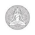 Young meditating yogi woman in lotus pose on mandala background. Vector illustration