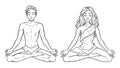 Young meditating yogis man and woman in lotus pose isolated on white background. Vector illustration