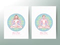 Young meditating yogis man and woman in lotus pose, yoga classes advertisement, banner. Vector illustration