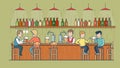 Vector flat friends in bar counter and barman drin Royalty Free Stock Photo