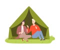 Young Men Camper Sitting Under Tent and Talking Vector Illustration