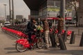 Young men with city-bikes in Lille, France