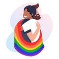 Young men couple hug each other and hold a rainbow LGBT pride flag. Sexual minority rights concept. Vector illustration