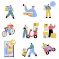 Young men couriers working with orders delivery vector illustration Royalty Free Stock Photo