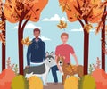 Young men with cute dogs mascots in the autumn camp