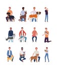 Young men with cute dogs mascots characters Royalty Free Stock Photo
