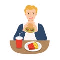 Young men eating hamburger with french fries, and soda. Unhealthy foods concept.