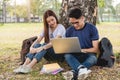 Young man and girls friend classmates sitting under tree consult Royalty Free Stock Photo