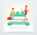 Young men going to training, gym interior, fitness studio banner flat vector element for website or mobile app