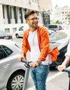 couple young man boy guy electric scooter city transport riding technology lifestylestreet friend driving modern Royalty Free Stock Photo