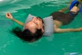 Young man floating on water in pool