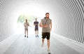 Young men or male friends running in tunnel