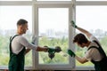 Men mounting a window section Royalty Free Stock Photo