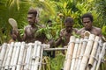 Young men playing drums, Solomon Islands