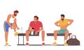 Young Men Sitting on Bench in Sports Locker Room. Athlete Male Characters Drink Water, Change Clothes before Training
