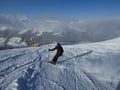 Young men skiing in the Swiss mountains at Davos Klosters Switzerland at ski slope on Jakobshorn Royalty Free Stock Photo