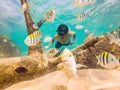Young men snorkeling exploring underwater coral reef landscape background in the deep blue ocean with colorful fish and Royalty Free Stock Photo