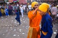 Young men taking part in Guru Nanak Gurpurab celebration in Delhi, India