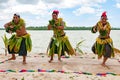 Dancers South Pacific. Young men dressed with typical dresses made from nature dancing traditional dances in Tonga.