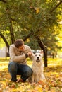 A young men walks in autumn park with a Labrador. Guy playfully Royalty Free Stock Photo