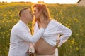 Young man in white shirt gently embraces his pregnant wife against background of blooming meadow in evening at sunset. Royalty Free Stock Photo