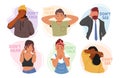 Young Men and Women Characters Closing Eyes, Ears and Mouth Like Three Wise Monkeys from the Saying, Vector Illustration Royalty Free Stock Photo