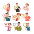 Young Men and Women Holding Speech Chat Bubbles in their Hands Set, People Communicating, Messaging, Chatting Cartoon Royalty Free Stock Photo