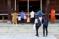 June 2018, Young men women Shinto shrine, Matsumoto, Japan